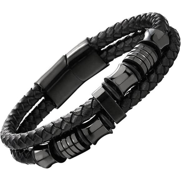 Mens Double-Row Braided Leather Bracelet Bangle Wristband Stainless Steel Gift - Picture 1 of 6